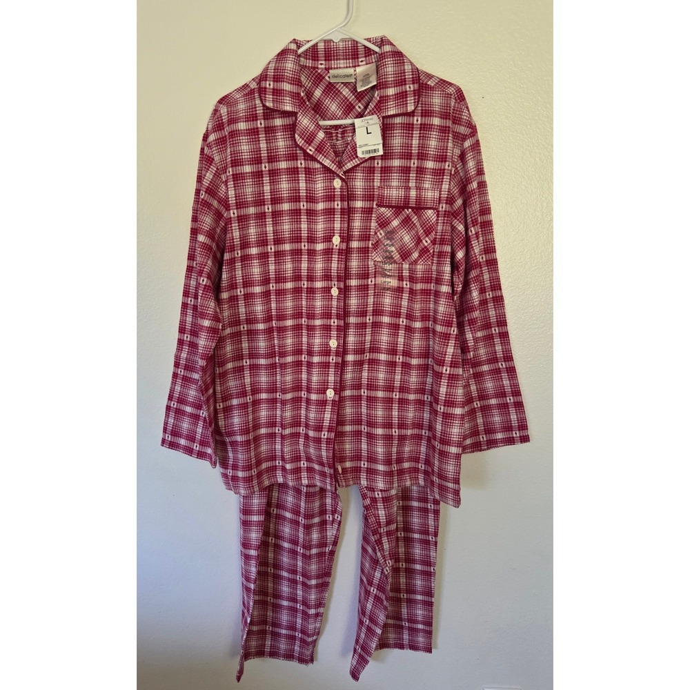 NWT JCPenney Delicates 2 Piece Pajama Set Red White Plaid PJ's 100% Cotton Large